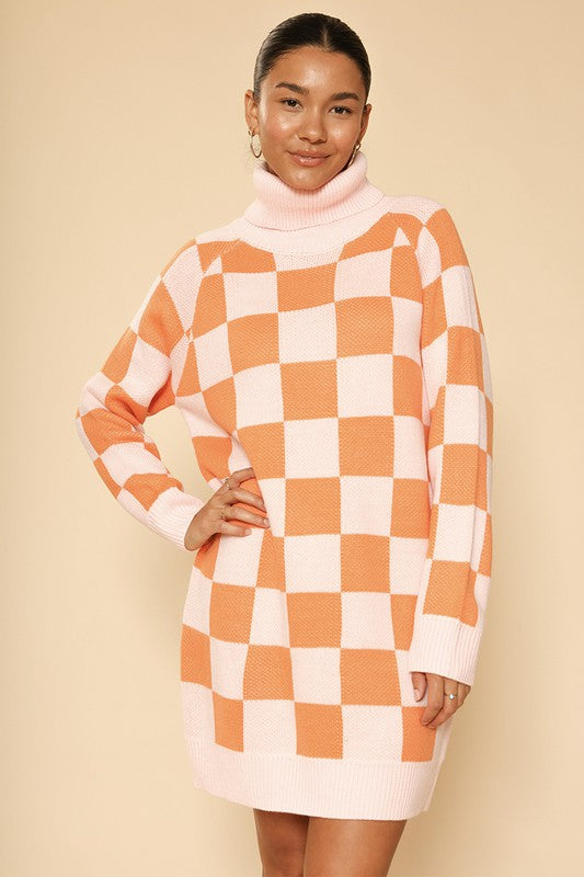 Checkered turtleneck sweater dress*Exclusive In-House Design*-Checkered turtleneck sweater dress-Ribbed at cuffs, collar and hemMade In: China