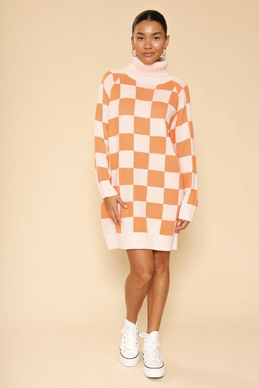 Checkered turtleneck sweater dress*Exclusive In-House Design*-Checkered turtleneck sweater dress-Ribbed at cuffs, collar and hemMade In: China