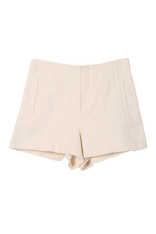 line shorts*Straight high waisted slant pocket line shorts*Pattern type : solid white denim fabric*Stretch : no stretch*Sheer : not lined, but not sheer*Care instruction : mach