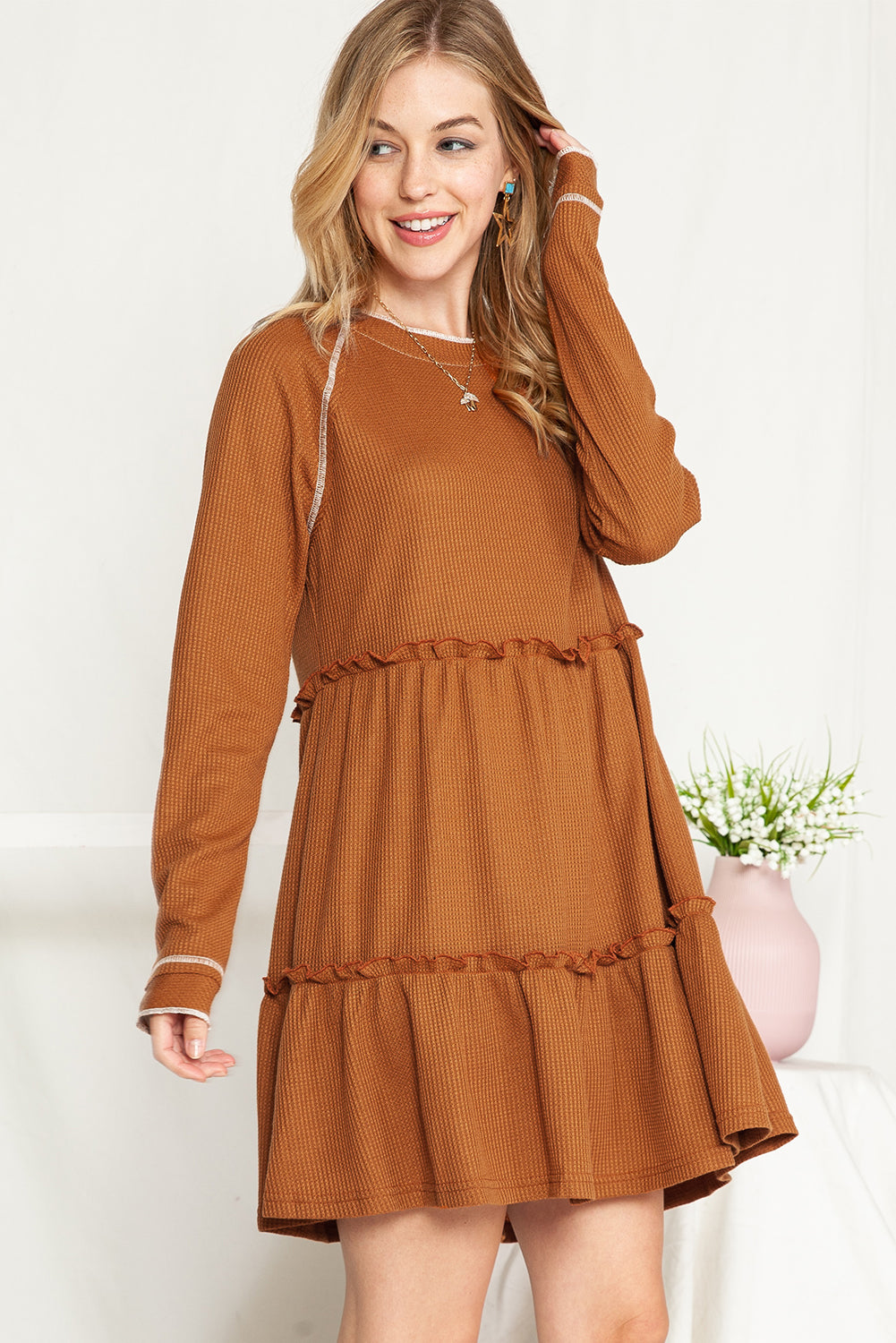 Chestnut Textured Tiered Ruffled Long Sleeve Mini Dress