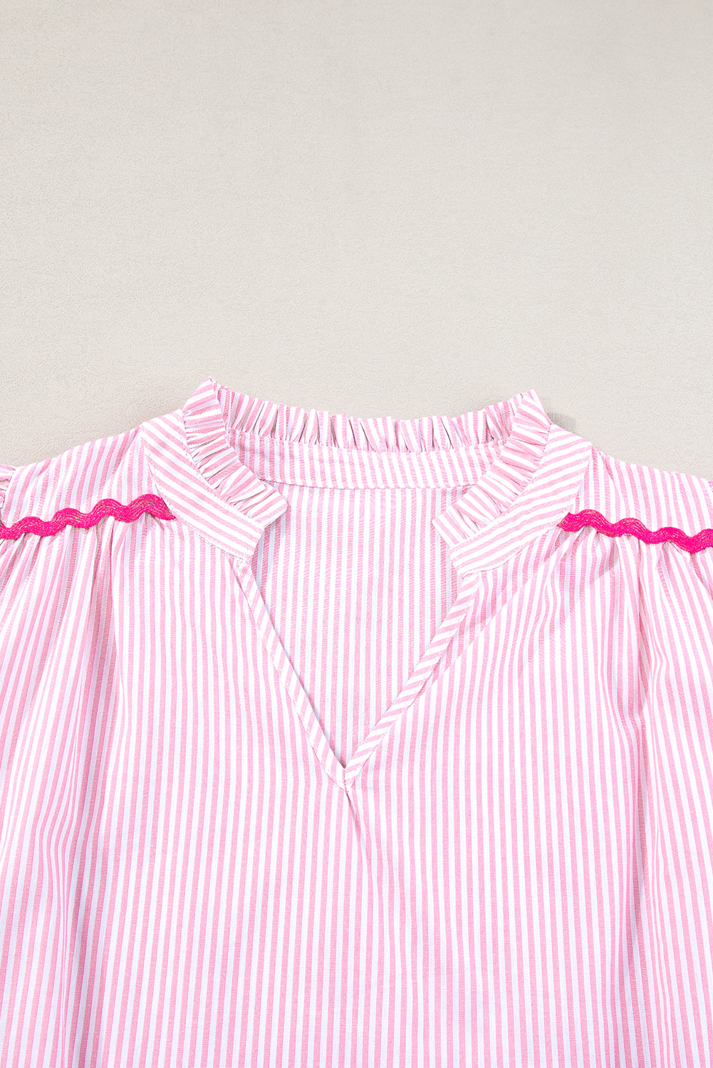 Sky Blue Striped Ricrac Splicing Frill V-Neck BlouseMaterial:100%Cotton



		Playful stripes: This blouse features a fun striped pattern with flirty frill details and a flattering V-neck.
	
	
		Chic and charming: