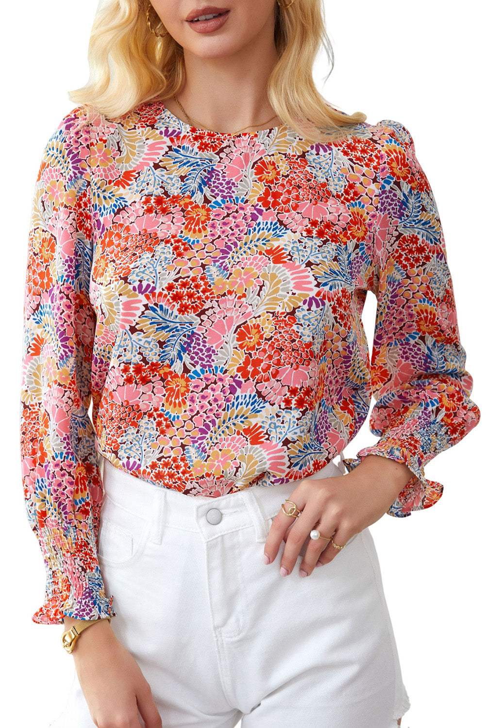 Multicolor Floral Print Smocked Cuffs Long Sleeve BlouseMaterial:100%Polyester


	

			The Floral Print Smocked Cuffs Long Sleeve Blouse is a feminine and elegant addition to any wardrobe. Its delicate floral print and