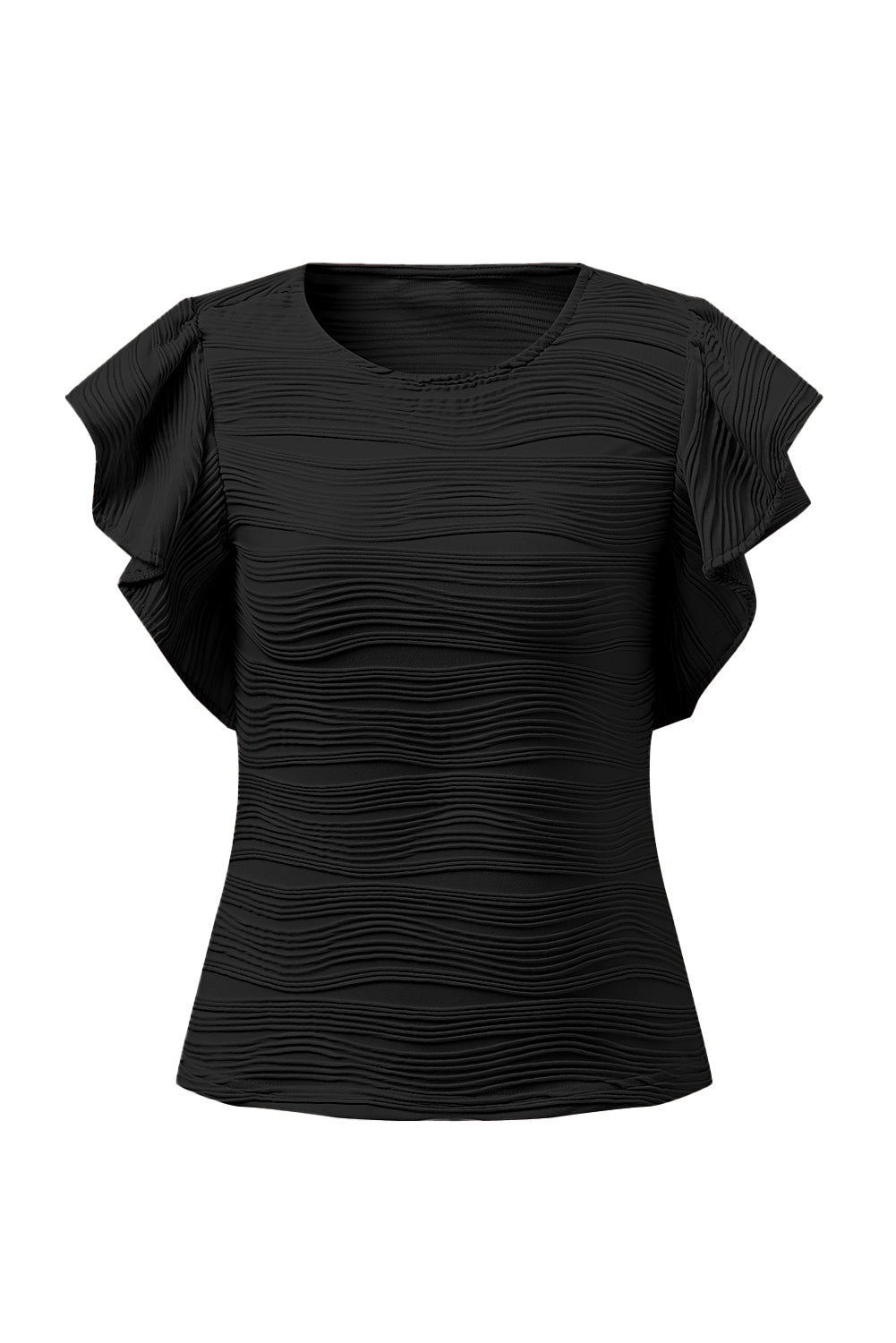 Black Plain Wavy Textured Ruffle Sleeve BlouseMaterial:90%Polyester+10%Elastane



		The wavy textured fabric adds an extra layer of sophistication, making this top a standout choice. 
	
	
		Embrace a playf