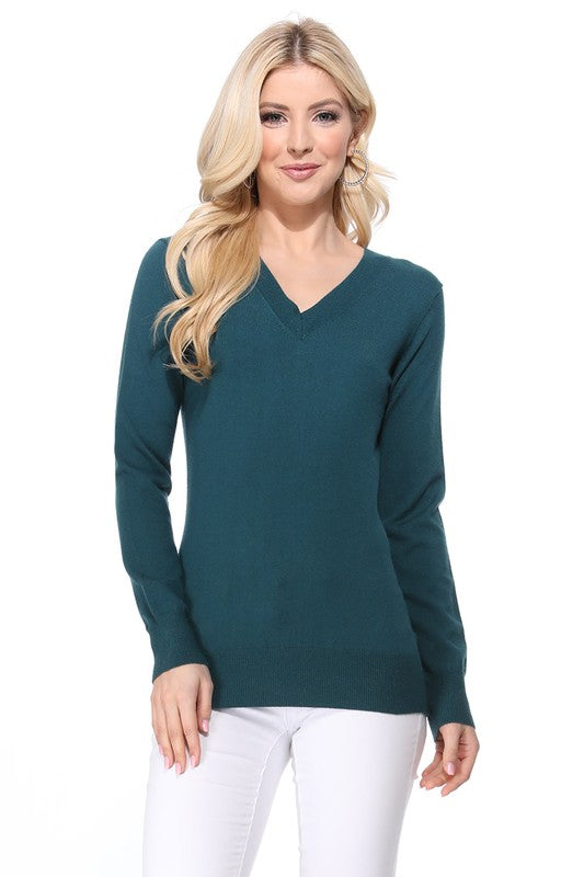 Women's Long Sleeve V-Neck Pulll Over Sweater Top- 25"-26.5" Length, V-Neck, Long Sleeve, Casual, Basic, and Classic Viscose Knitted Pullover Sweater- Lightweight Knit Pullover Sweater with High Quality Soft Viscos