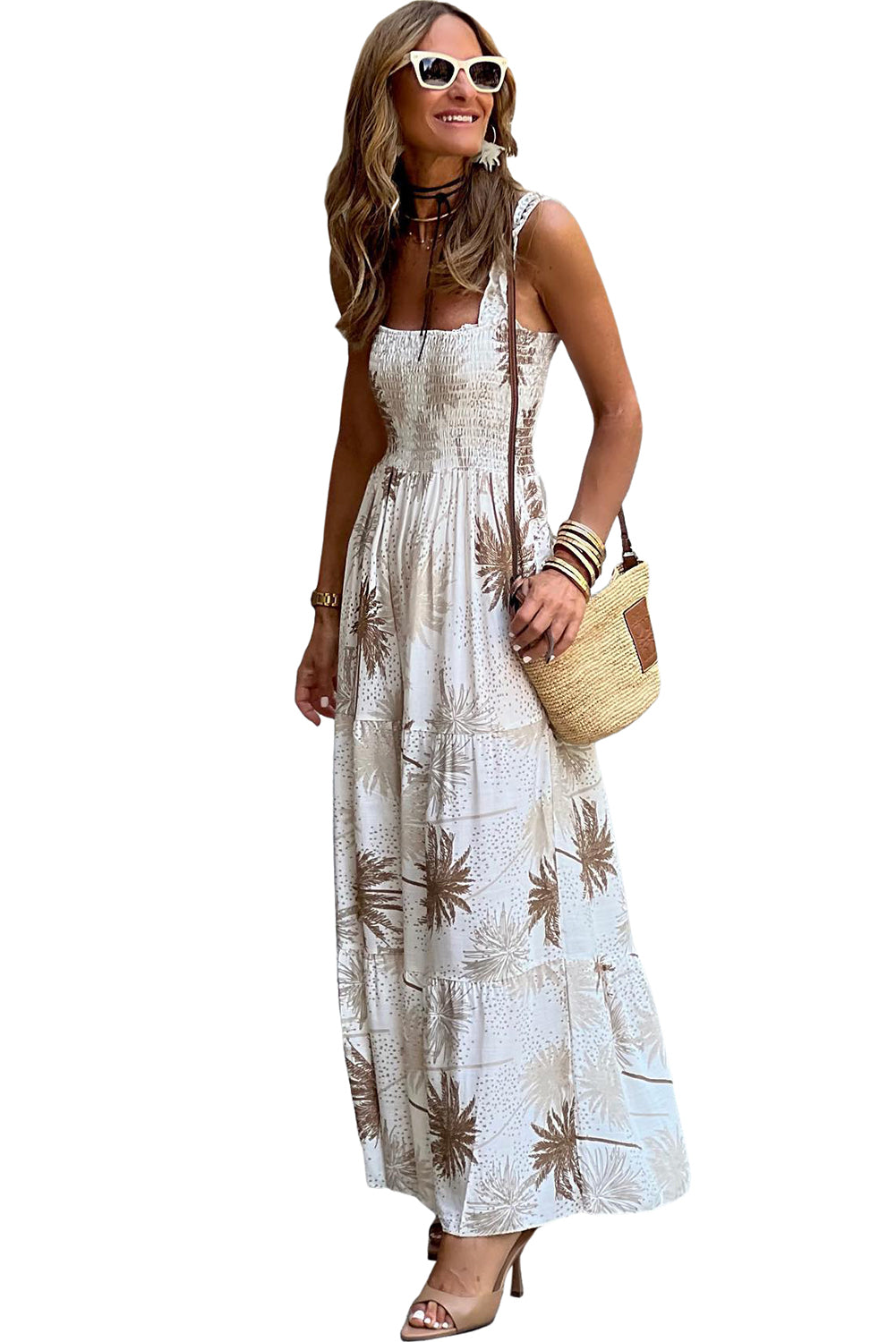 White Tropical Print Smocked Ruffled Straps Maxi DressMaterial:100%Viscose



		The maxi dress is a vibrant and summery dress featuring a tropical print, perfect for adding a pop of color to your wardrobe.
	
	
		Ma