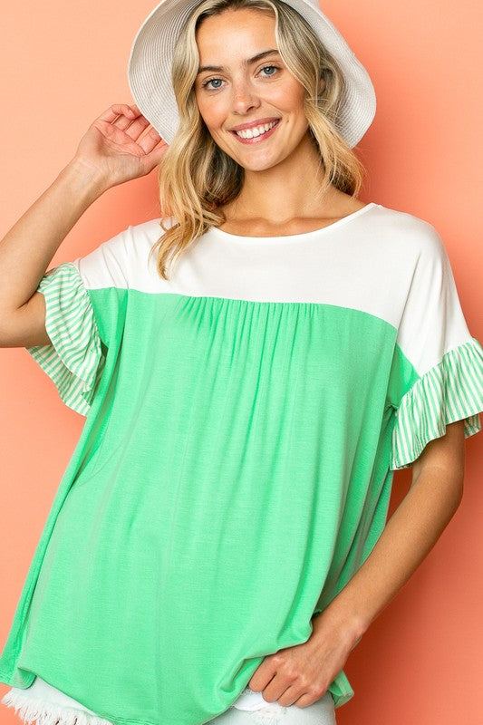 SOLID STRIPE BABY DOLL TOPSOLID AND PIN STRIPE JERSEY MIXED ROUND NECK RUFFLED SHORT SLEEVE BABY DOLL TOP95% RAYON, 5% SPANDEX MADE IN USAS/M/L 2-2-2
Style: Casual
Print / Pattern: SOLID AND 