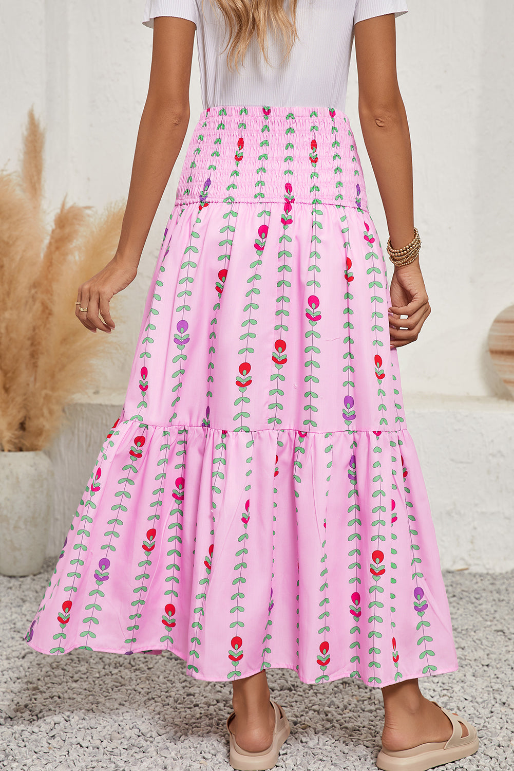 Pink Smocked Waist Tiered Maxi SkirtMaterial:100%Polyester

• Effortlessly chic in pink, this maxi skirt exudes a casual summer vibe perfect for daily wear.
• The shirred waist adds a touch of textur