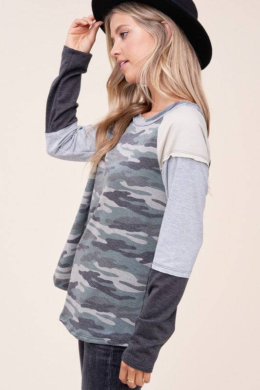 CAMOUFLAGE COLOR BLOCK TOPFRENCH TERRY CAMOUFLAGE PRINT AND SOLID COLOR BLOCKED LONG SLEEVE ROUND NECK RAW EDGE DETAIL TOP - MADE IN U.S.A.
Style: Casual
Print / Pattern: CAMOUFLAGE PRINT &am