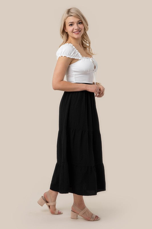 Tiered maxi skirt- Tiered maxi skirt- Pattern type : solid- Stretch : stretch- Sheer : Beige - lined and no see through / Black - not lined, but not very sheer- Care instruction : ma