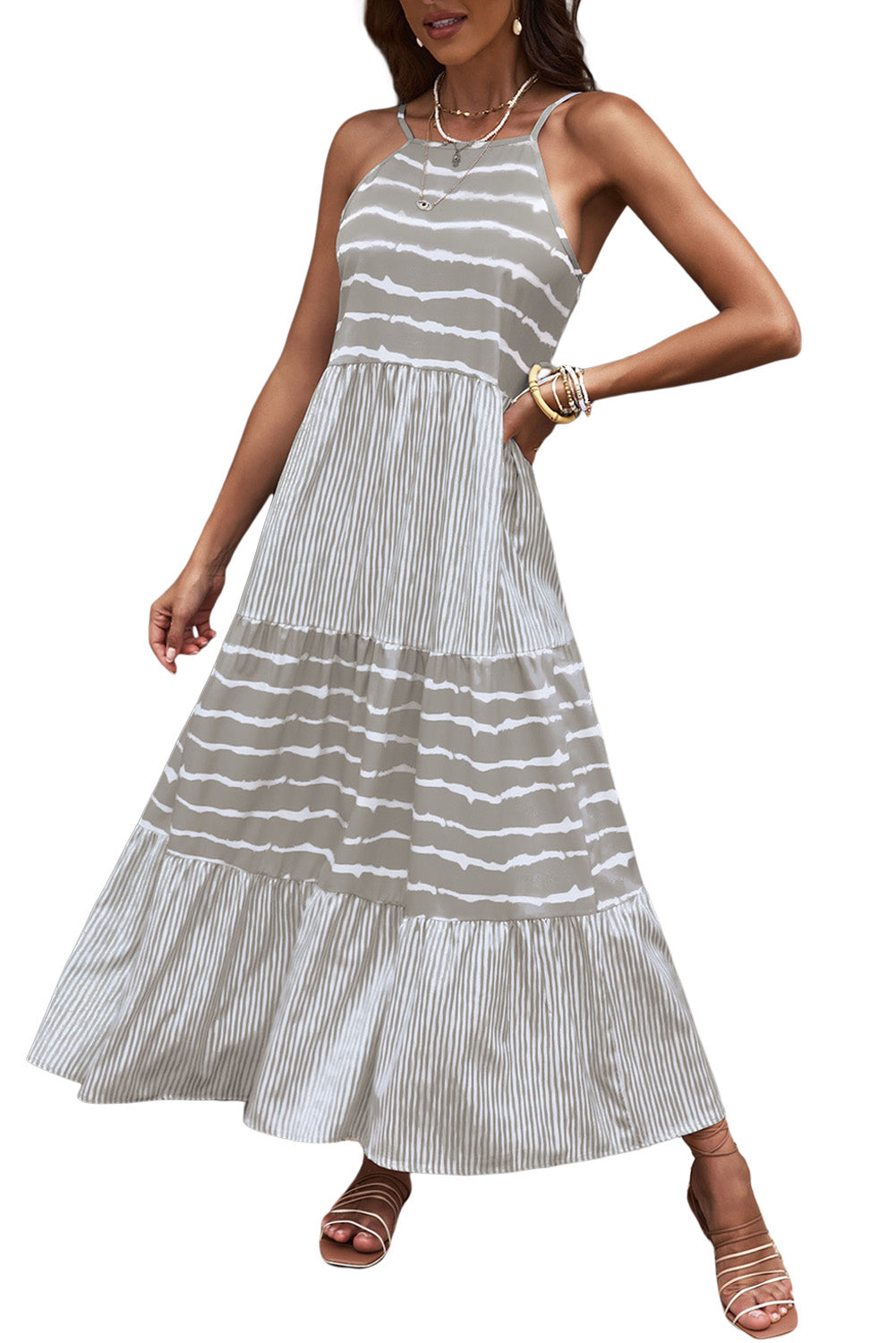 Grey Tie Dye Spaghetti Strap Summer Maxi Dress