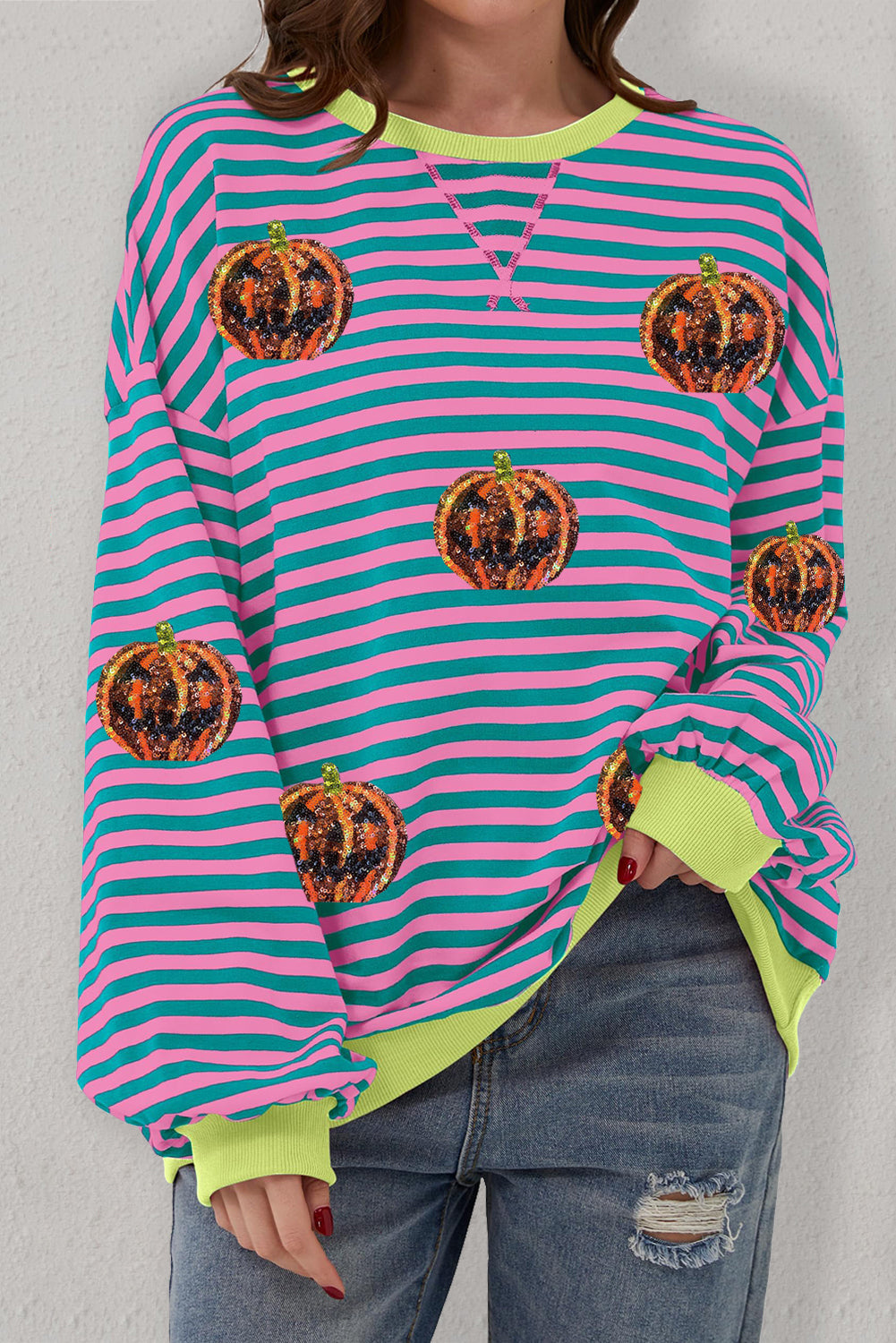 Green Stripe Funny Halloween Pumpkin Pattern Oversize SweatshirtMaterial:95%Cotton+5%Elastane

• Stand out this Halloween with the Green Stripe Funny Pumpkin  Oversize Sweatshirt, perfect for adding a touch of humor to your spoo