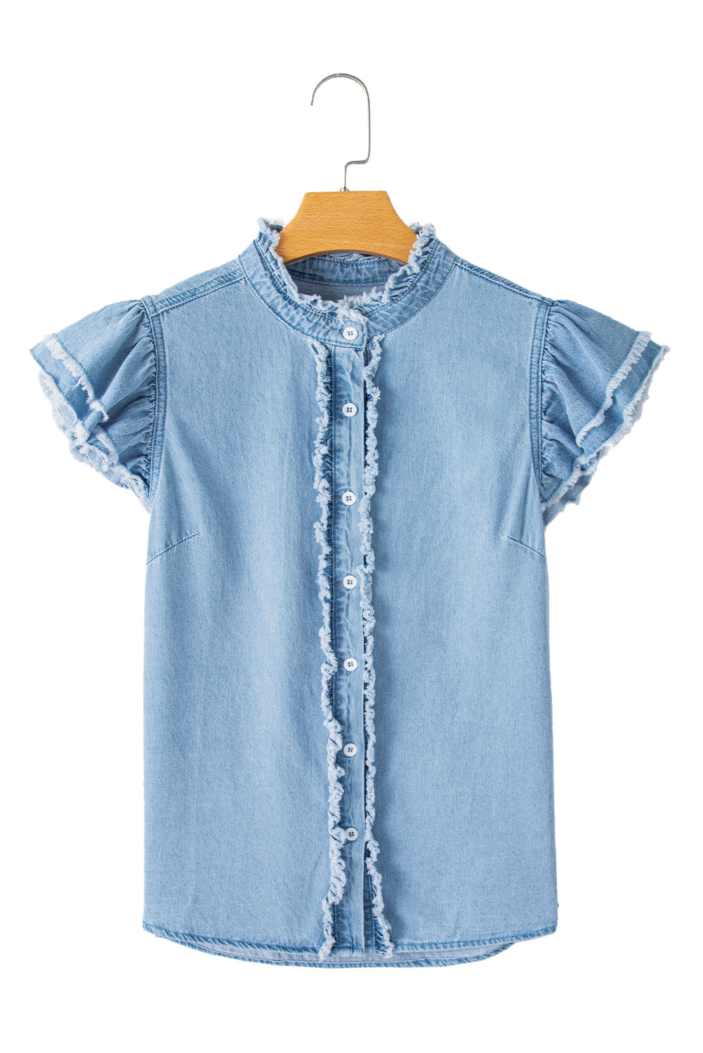 Beau Blue Button Front Ruffled Flutter Frayed Denim TopMaterial:100%Cotton



		The ruffled flutter sleeves create a playful and flirty look, adding movement and charm to the overall design.
	
	
		The frayed detaili