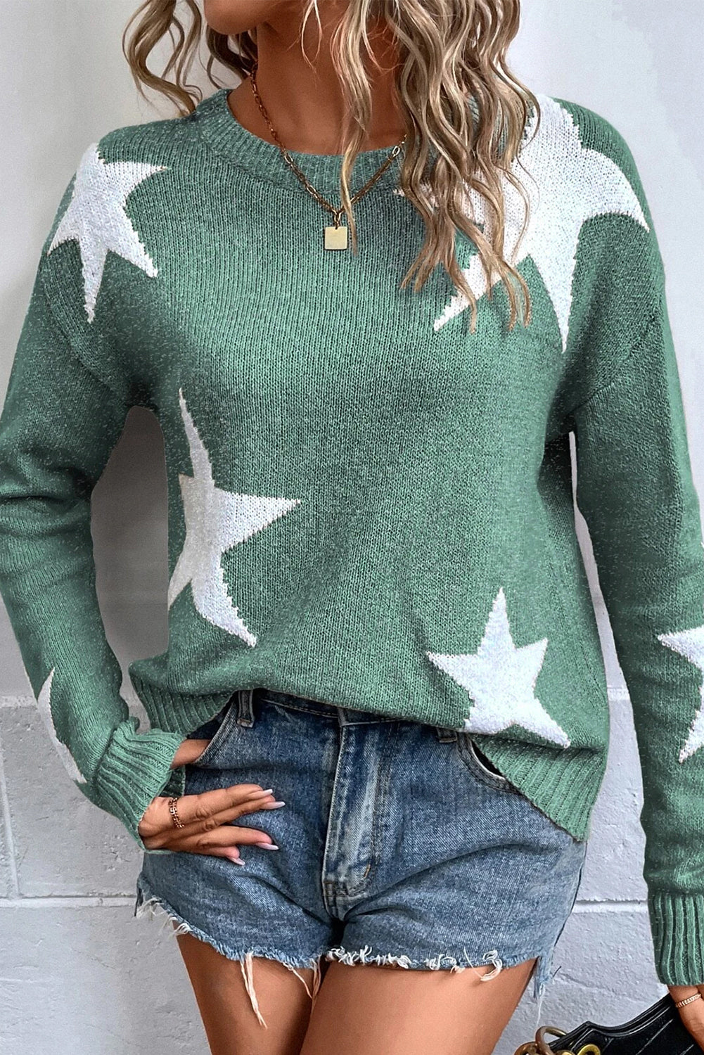 Khaki Star Pattern Drop Shoulder Knit SweaterMaterial:100%Polyester

• Elevate your casual look with our sweater, featuring a trendy star design on a cozy rib-knit fabric.
• The drop shoulder design adds a ch