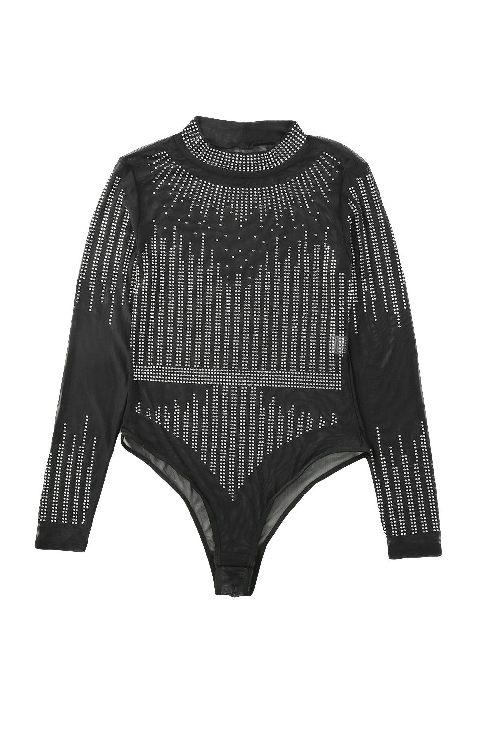 Black Rhinestone Sheer Slim Fit Long Sleeve BodysuitMaterial:95%POLYESTER+5%ELASTANE



		This sheer mesh bodysuit is sexy and charming for women
	
	
		The rhinestone design can light up your special nights
	
	