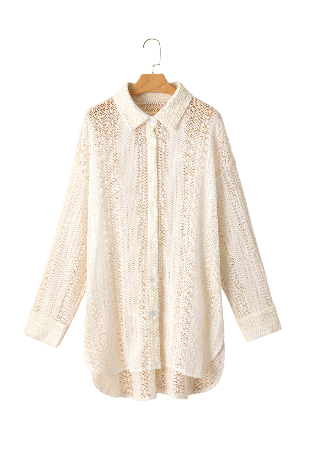 Beige Lace Crochet Collared Button Up Oversized ShirtMaterial:85%Cotton+15%Polyester

• Effortlessly elegant, the shirt exudes bohemian charm with its intricate crochet lace detailing.
• Its oversized fit offers comf