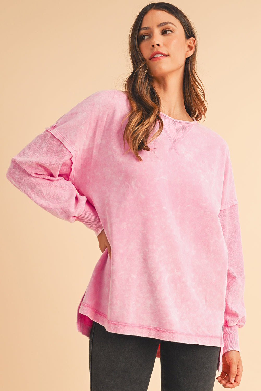 Orchid Petal Mineral Wash Drop Shoulder Oversized SweatshirtMaterial:85%Cotton+15%Polyester

• The unique patchwork design adds a stylish twist to your casual look.
• Enjoy the comfort of the oversized fit and drop shoulder