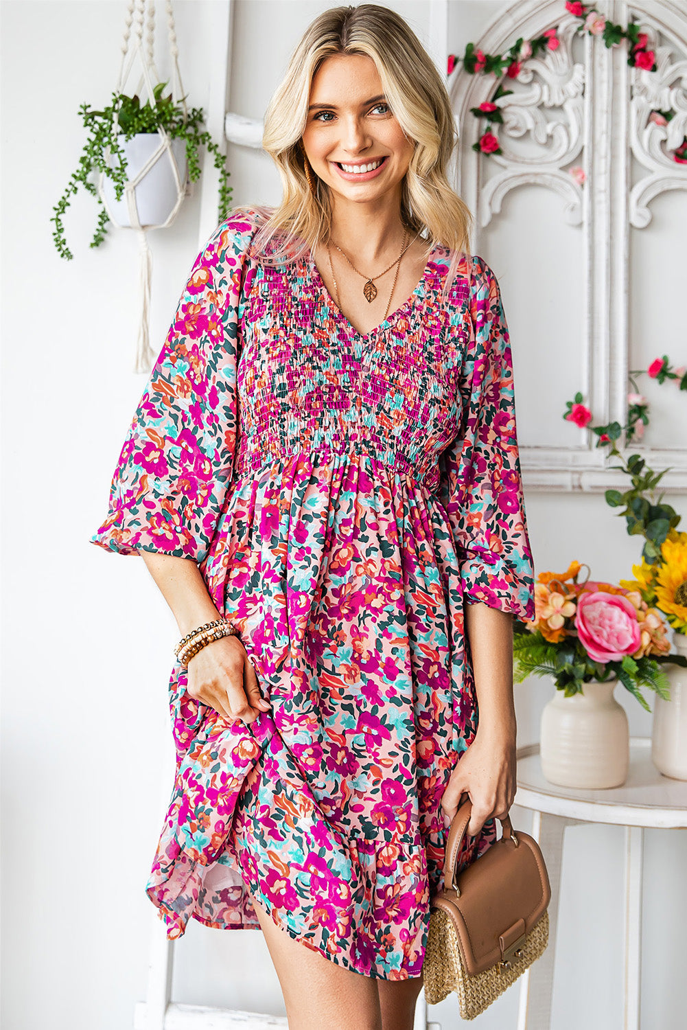 Purple Floral Print Long Sleeve Flounce Hem V Neck Smocked Dress