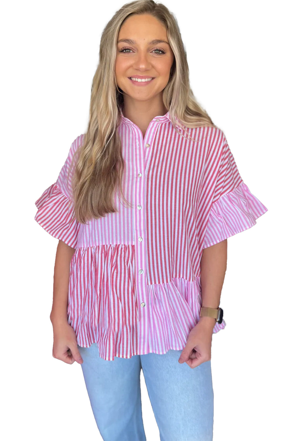 Pink Striped Patchwork Ruffle Button Up Blouse