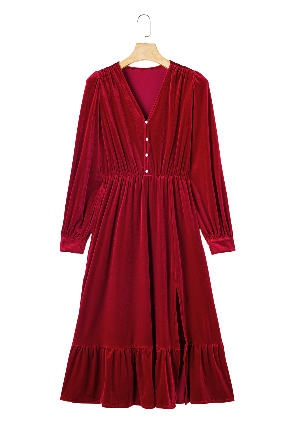 Racing Red Velvet Buttoned Puff Sleeve V Neck Split Midi DressMaterial:95%Polyester+5%Elastane

• This midi dress features a flattering V-neck and elegant puff sleeves, perfect for making a bold fashion statement.
• Embrace t