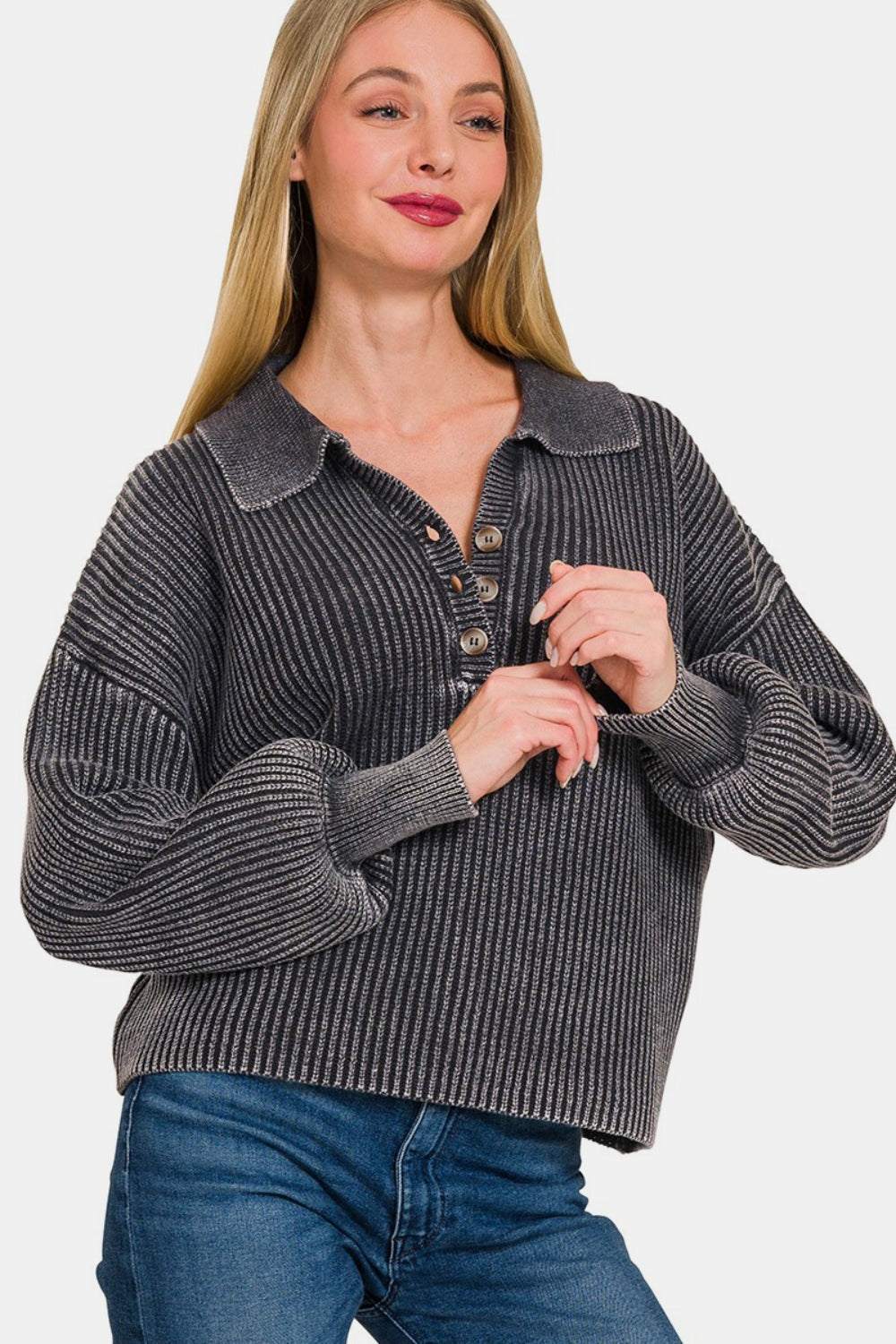 Zenana Washed Half Button Long Sleeve SweaterAdd a touch of casual sophistication to your wardrobe with this Washed Half Button Long Sleeve Sweater. The half button design gives it a unique and stylish look tha