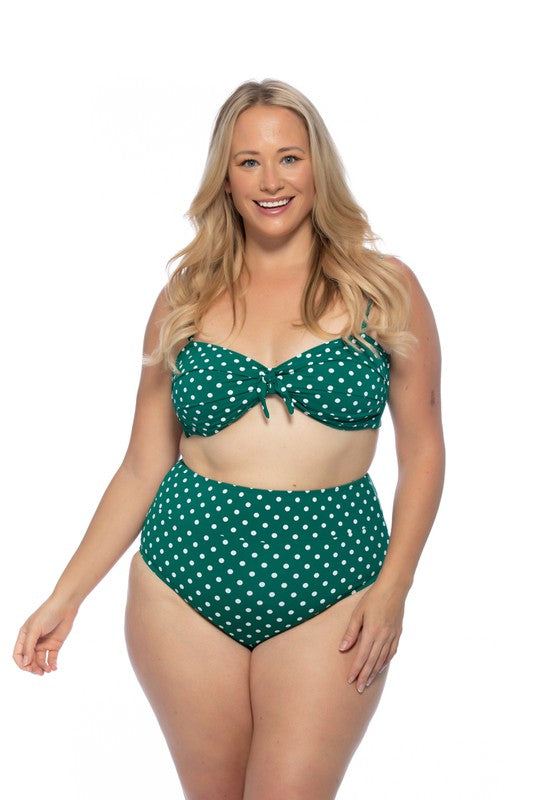 GREEN POLKA DOT HIGH WAIST BIKINI SETGreen polka dot bikini set features a bandeau top with removable pads, adjustable and removable shoulder straps, and tie back closure. High waist bottom with full co