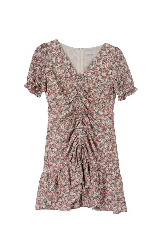 SS center shirred V neck dress*Girl's brunch shirred V-neck flirty sleeve mini dress*Pattern type : floral print*Neck line : V neck*Sleeve type : puff sleeves*Sleeve length : short sleeves*Stretc