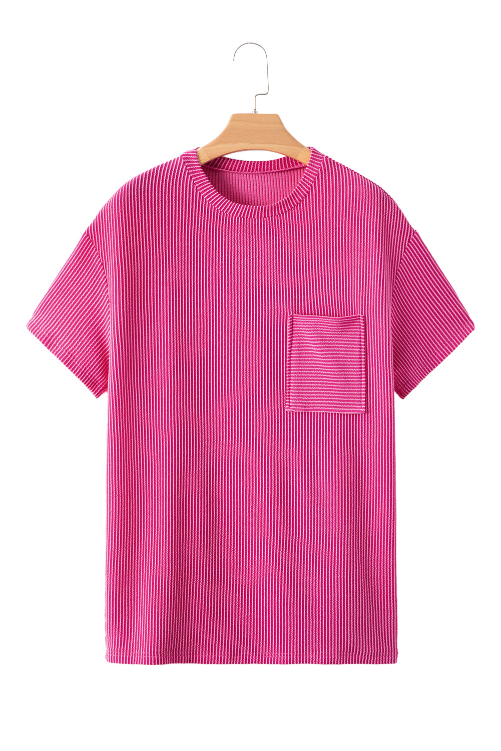 Pink Crinkle Rib Knit Pocketed Loose Fit Crew Neck T ShirtMaterial:75%Polyester+20%Viscose+5%Elastane

• Pink T Shirt offers a charming, feminine touch with its soft pink color and crinkle rib texture, perfect for a casual