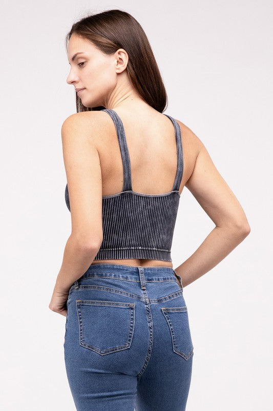 Washed Ribbed Cropped V-Neck Tank TopThe Washed Ribbed Cropped V-Neck Tank Top offers a stylish and comfortable option for your wardrobe. Made from ribbed fabric with a washed finish, it exudes a casual