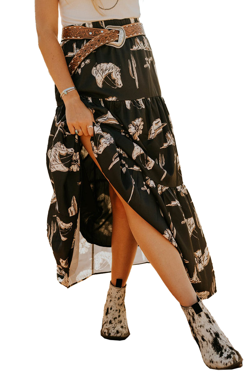 Black Elastic Waist Tiered Maxi SkirtMaterial:100%Polyester

• Its flowing tiers add a touch of whimsy to your daily wardrobe.
• Crafted with a comfortable elastic waistband, this skirt offers a versa