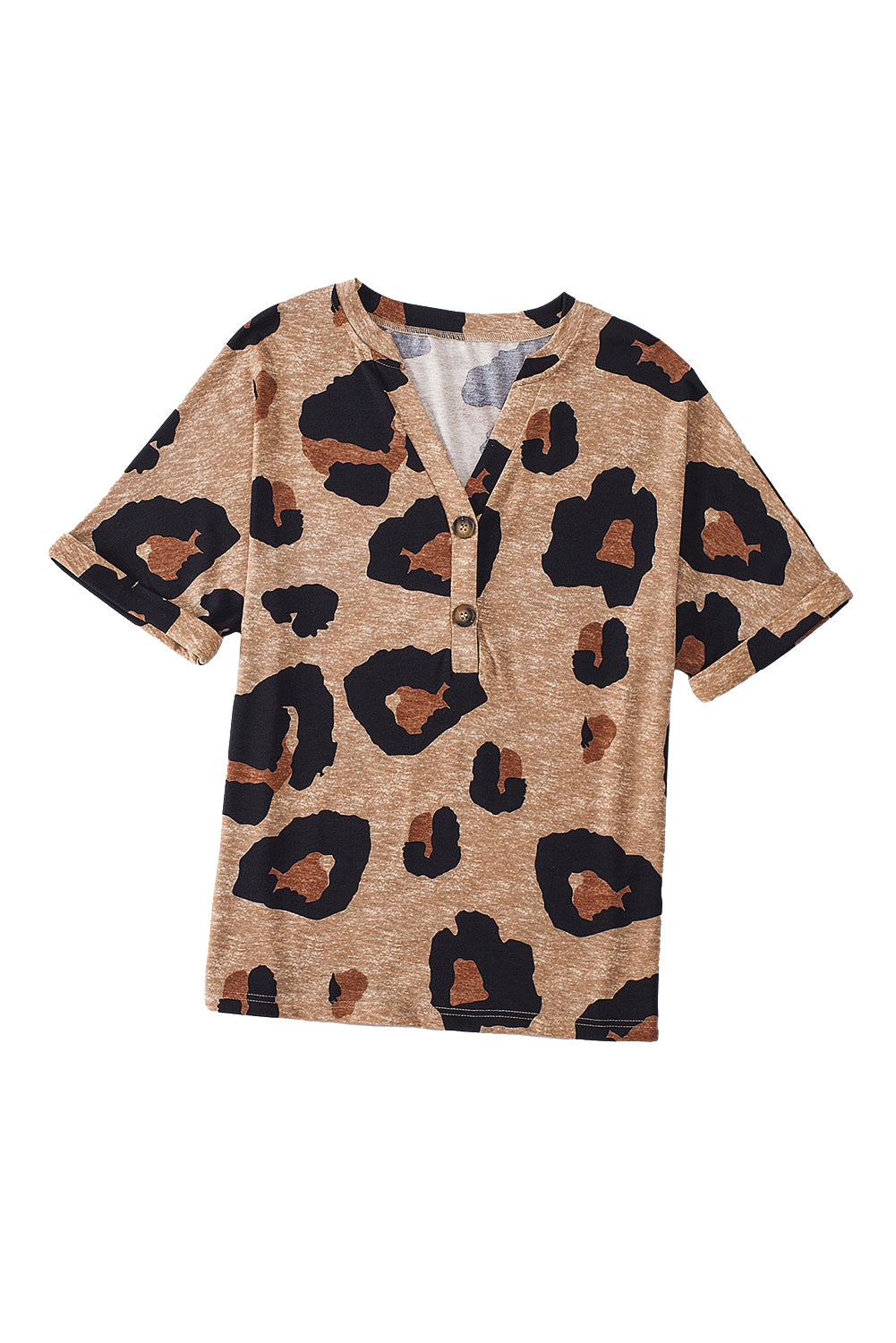 Light Beige Leopard Print Button V Neck T ShirtMaterial:95%POLYESTER+5%ELASTANE



		This t-shirt features a stylish V-neckline with buttons, adding a touch of detail and versatility to the design. 
	
	
		Th