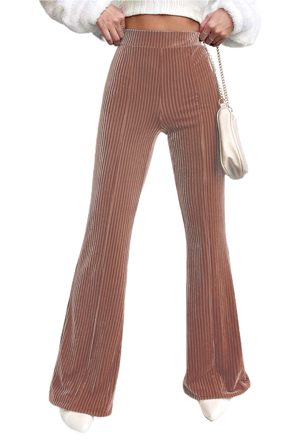 Chestnut Solid Color High Waist Corduroy Flare PantsMaterial:90%Polyester+10%Elastane



		These pants feature a high waist design, which offers a flattering silhouette and can make the wearer's legs appear longer. 