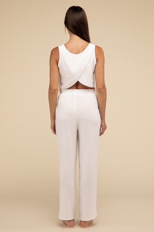 D-Linen Blended Top and Pants SetIndulge in the luxurious comfort of our D-Linen Blended Top and Pants Set. Crafted from a soft rayon-linen blend fabric, this matching set offers both style and comf