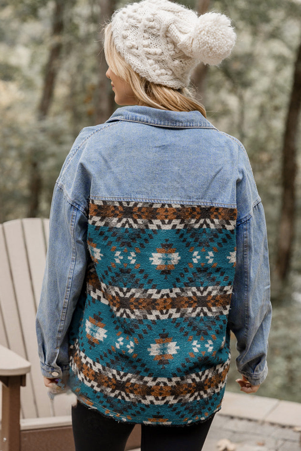 Blue Vintage Geometric Print Raw Hem Denim Jacket