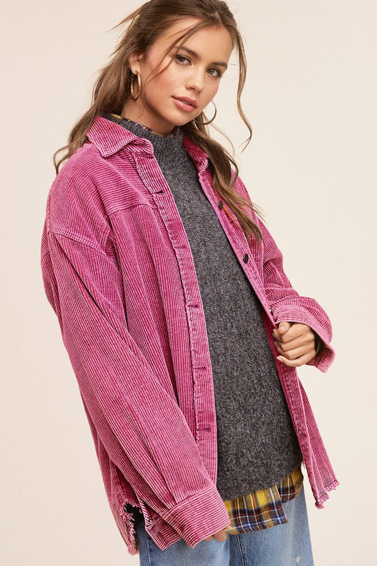 Daisy JacketThis corduroy layer features a washed finish for unique &amp; lively flair. Cut in an oversized fit with a collar, button placket and matching button cuffs. Finished