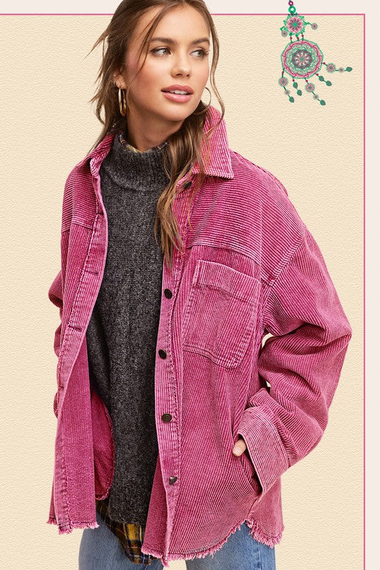 Daisy JacketThis corduroy layer features a washed finish for unique &amp; lively flair. Cut in an oversized fit with a collar, button placket and matching button cuffs. Finished