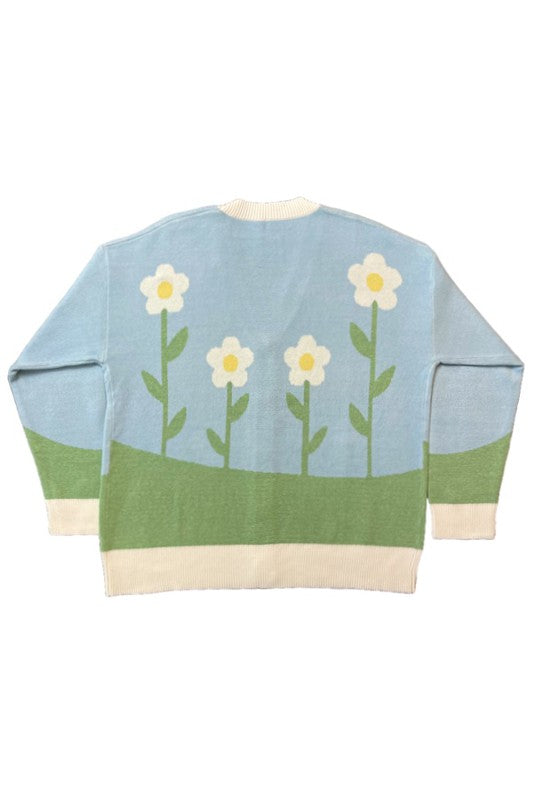 Flower field knit cardigan*Exclusive In-House Design*-Flower field and sun intarsia-Button front-V neckline-All original intarsiaMade In: China