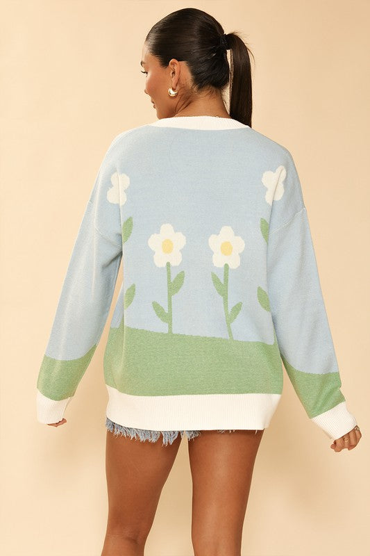 Flower field knit cardigan*Exclusive In-House Design*-Flower field and sun intarsia-Button front-V neckline-All original intarsiaMade In: China