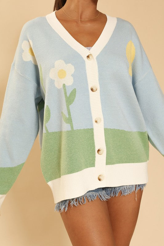 Flower field knit cardigan*Exclusive In-House Design*-Flower field and sun intarsia-Button front-V neckline-All original intarsiaMade In: China