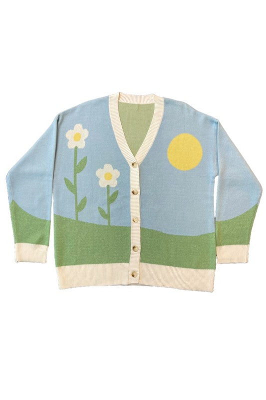 Flower field knit cardigan*Exclusive In-House Design*-Flower field and sun intarsia-Button front-V neckline-All original intarsiaMade In: China