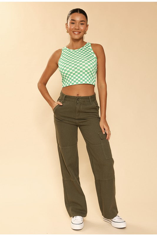 Cropped printed rib knit tank*Exclusive In-House Design*-Checkered print-Cropped-Rib knitMade In: China