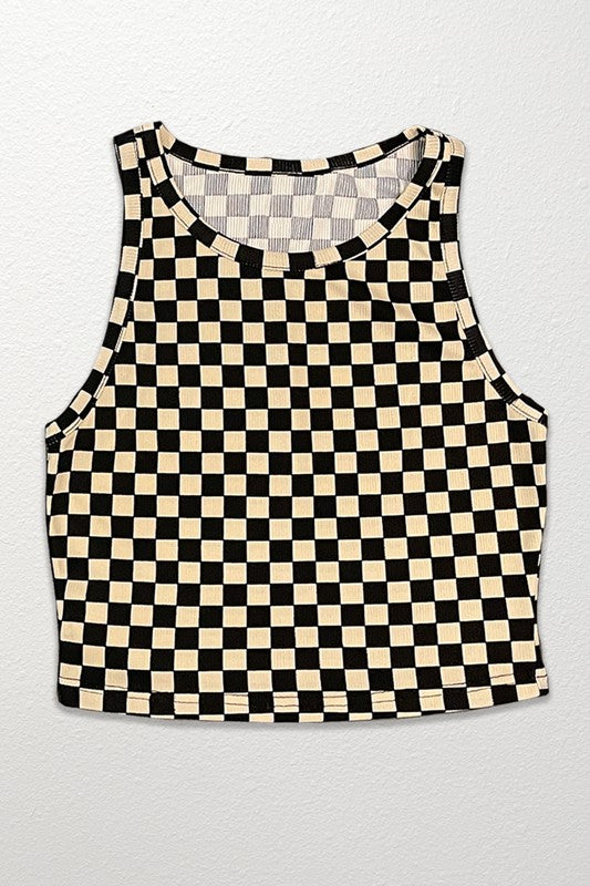 Cropped printed rib knit tank*Exclusive In-House Design*-Checkered print-Cropped-Rib knitMade In: China