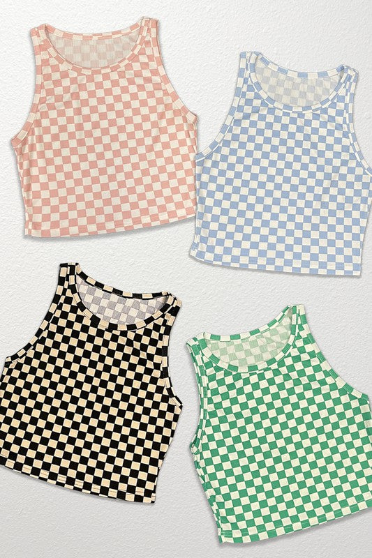 Cropped printed rib knit tank*Exclusive In-House Design*-Checkered print-Cropped-Rib knitMade In: China