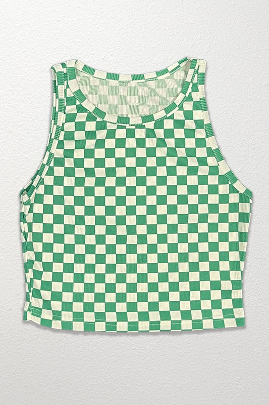Cropped printed rib knit tank*Exclusive In-House Design*-Checkered print-Cropped-Rib knitMade In: China