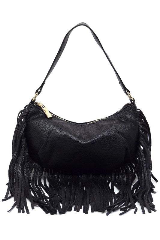 Fashion Fringe Shoulder Bag HoboFashion Fringe Shoulder Bag Hobo Faux vegan leather Zip top closure Gold-tone hardware L 9.8 * H 5.5 * W 2.8 (6.3 D)