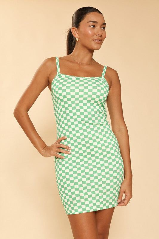 Checkered rib knit tank top dress*Exclusive In-House Design*-Checkered print-Rib knit-Adjustable strapsMade In: China