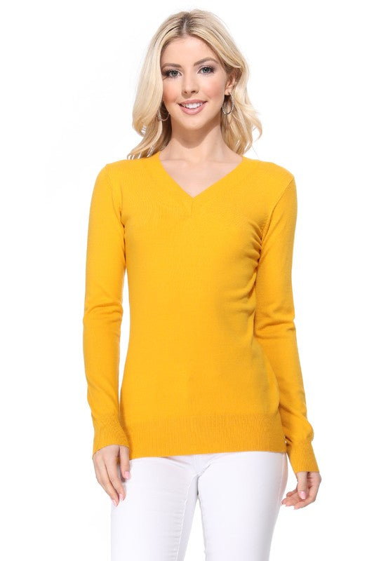 Women's Long Sleeve V-Neck Pulll Over Sweater Top- 25"-26.5" Length, V-Neck, Long Sleeve, Casual, Basic, and Classic Viscose Knitted Pullover Sweater- Lightweight Knit Pullover Sweater with High Quality Soft Viscos