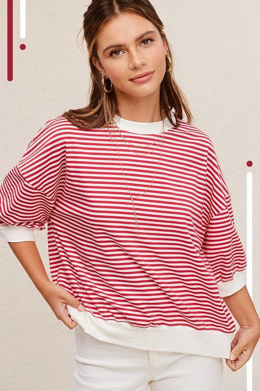 Crew Neck Stripe Short Sleeve TopIntroducing our Crew Neck Stripe Short Sleeve Top, a timeless and versatile piece for your wardrobe. This classic crew neck top features a staple striped print, addi