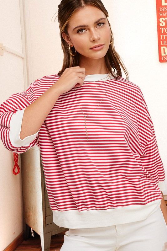 Crew Neck Stripe Short Sleeve TopIntroducing our Crew Neck Stripe Short Sleeve Top, a timeless and versatile piece for your wardrobe. This classic crew neck top features a staple striped print, addi