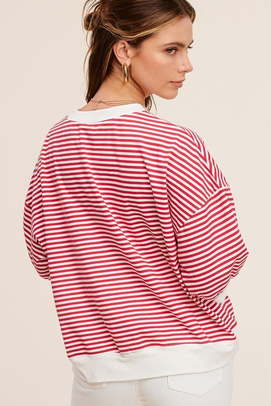 Crew Neck Stripe Short Sleeve TopIntroducing our Crew Neck Stripe Short Sleeve Top, a timeless and versatile piece for your wardrobe. This classic crew neck top features a staple striped print, addi