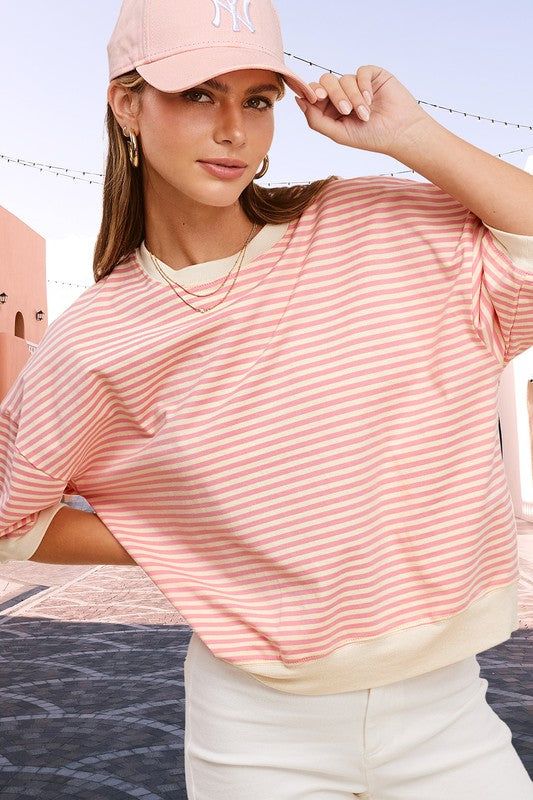 Crew Neck Stripe Short Sleeve TopIntroducing our Crew Neck Stripe Short Sleeve Top, a timeless and versatile piece for your wardrobe. This classic crew neck top features a staple striped print, addi